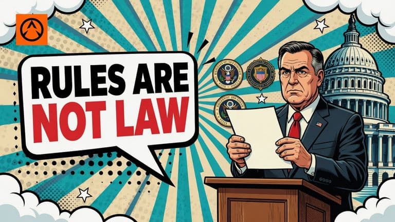A comic-style congressman at a lectern holds up a blank unsigned bill, with two round agency seal badges on the wall behind him.