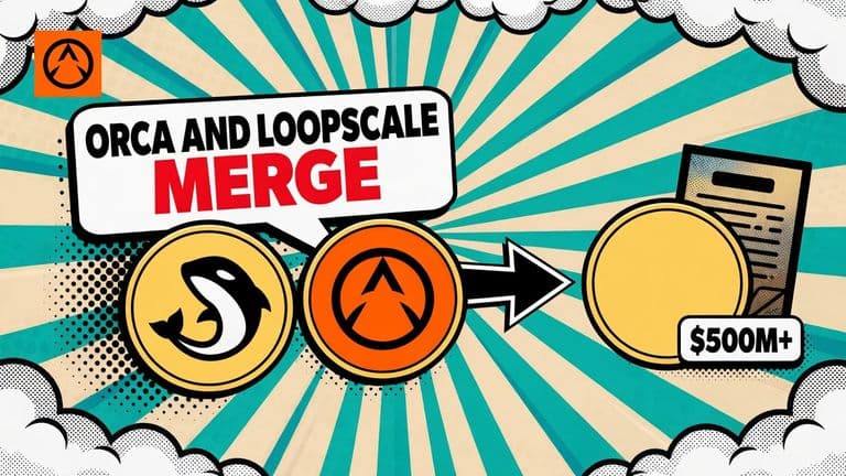 A pop-art comic illustration of two coins marked with the Orca and Loopscale logos joining into one blank coin under a speech bubble reading ORCA AND LOOPSCALE MERGE.