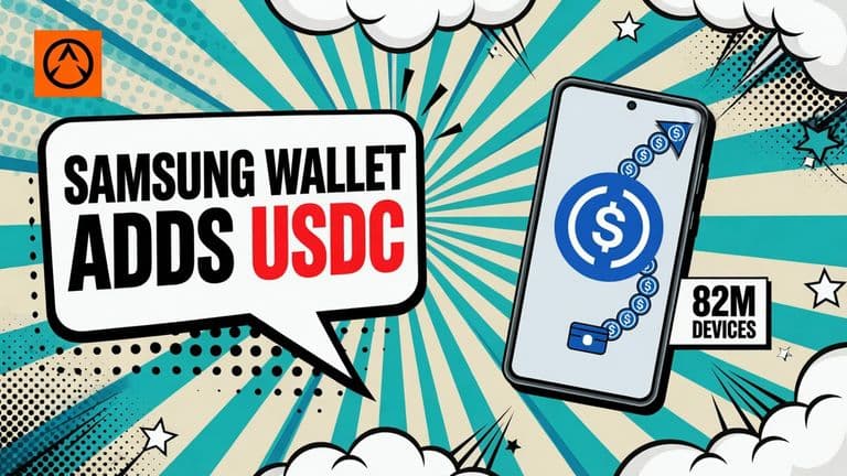 A comic-style illustration of a Galaxy phone showing a USDC coin inside Samsung Wallet, with coins flying out toward a small bank badge beside it.