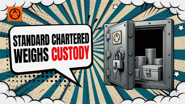 A comic-style illustration of an open bank vault holding coins and a strongbox, with the bank's logo badge on the door and a speech bubble reading Standard Chartered weighs custody.