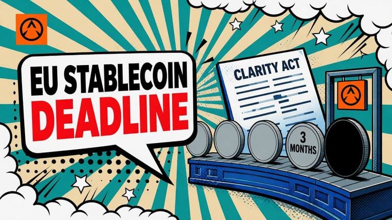 A pop-art comic illustration of plain coin discs moving along a conveyor through a one-way gate as a heavy shutter closes behind them, with a calendar block and a regulator badge beside the gate.