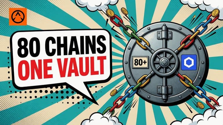 A comic-style vault door marked with the Chainlink logo, with chain links and coins feeding into it from the edges of the frame, beside a speech bubble reading 80 CHAINS ONE VAULT.