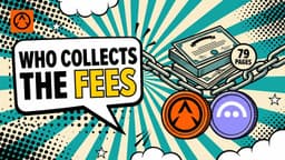 A comic-style illustration of a stack of tokenized assets sitting on a heavy chain, with two coins marked Circle and Aave below it and a speech bubble reading WHO COLLECTS THE FEES.