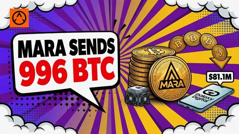 A comic-style illustration of a stack of bitcoin coins marked with the MARA logo, with more coins streaming away along an arrow to a phone showing the Galaxy Digital logo, beneath a speech bubble reading MARA SENDS 996 BTC.