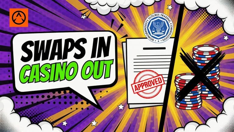 A comic-style illustration of a bold dividing line, with a stamped contract sheet on one side and crossed-out casino chips on the other beneath the CFTC seal.