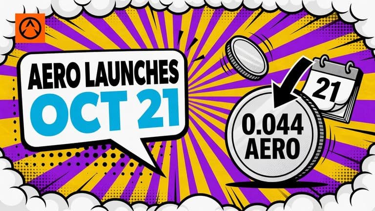 A comic-style illustration of a large coin and a much smaller coin tipping into it along an arrow, with a launch date calendar behind them and a headline bubble reading AERO LAUNCHES OCT 21.