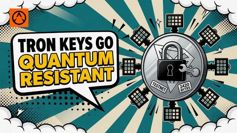 A comic-style illustration of a large Tron coin with a padlock clamped over it and oversized lattice keys beside it, on a TESTNET board, with a speech bubble headline about quantum-resistant keys.