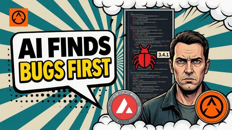 A comic illustration of Emin Gün Sirer pointing at a panel of source code with a bug marked on one line, an Avalanche coin and an XRP coin beside him, and a speech bubble with the headline AI finds bugs first.