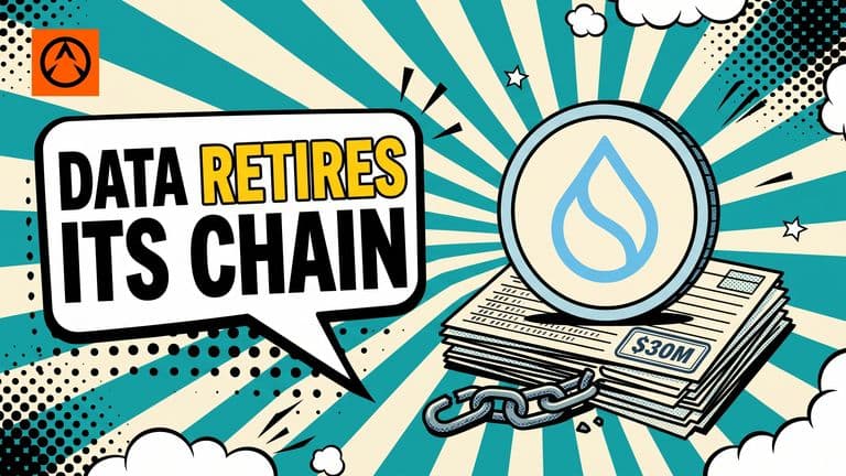 A flat comic-style illustration of a SUI coin planted on a stack of stamped data-file cards with a broken chain link at its base.