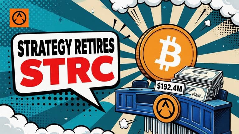 A comic-style illustration of a Bitcoin coin with the Bitcoin logo next to a stack of preferred-stock certificates being shredded, with Strategy's logo on a badge and a speech bubble reading STRATEGY RETIRES STRC.