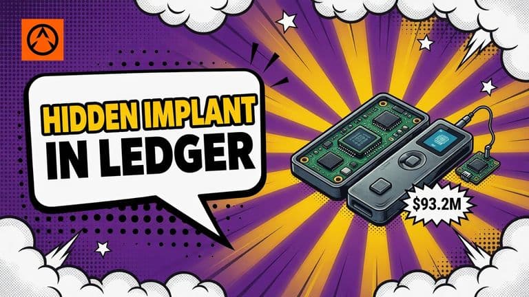 A comic-style illustration of a Ledger hardware wallet opened up, with an extra chip and antenna hidden inside beside its secure element, under a headline reading HIDDEN IMPLANT IN LEDGER.