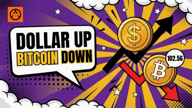 A comic-style dollar coin rises on an arrow while a Bitcoin coin tips downward beside it, next to a speech bubble reading DOLLAR UP BITCOIN DOWN.