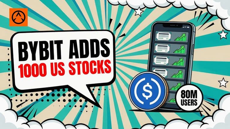 A comic-style illustration of a phone screen showing a list of US stock tickers with a rising share price arrow, and a large USDC coin leaning against the base of the phone.