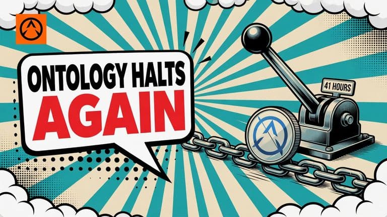 A flat comic illustration of an Ontology-logo coin resting on a short chain of blocks beneath a large switch lever thrown to off, with a speech bubble headline on the left.