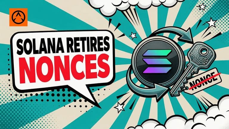 A comic-style illustration of a Solana coin with an arrow looping back on itself beside an offline signing key and a crossed-out nonce tag, with the headline Solana Retires Nonces in a speech bubble.