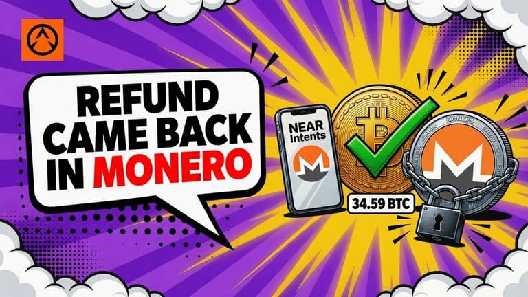 A comic illustration of a Bitcoin coin with a check mark beside a padlocked Monero coin and a phone showing the NEAR Intents badge.