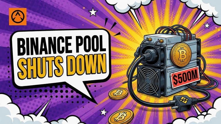A comic-style illustration of mining rigs with a cable pulled out of the front and a Bitcoin coin on the machine, beside a Binance-badged plug, under a speech bubble reading BINANCE POOL SHUTS DOWN.