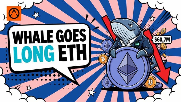 A comic whale in a trader's coat rises behind a large Ethereum coin, with a Hyperliquid badge on its lapel and a red arrow pointing down through falling coins.