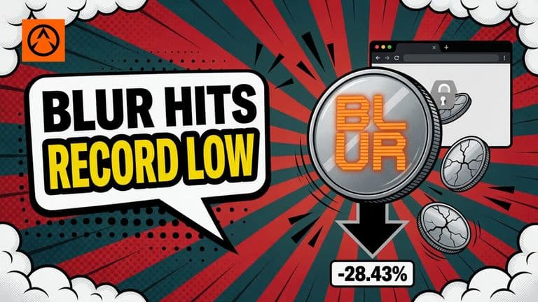 A coin bearing the Blur logo tumbles downward in front of a dark, blank browser window in a pop-art comic scene.