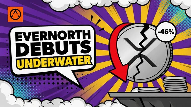 A comic-style XRP coin cracked across its face with a red down arrow and coins sliding off a ledge, beside a speech bubble about Evernorth's debut.
