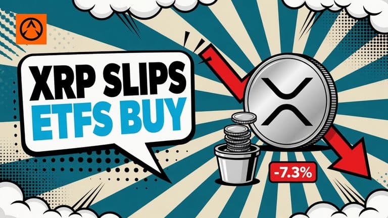 A comic-style XRP coin sliding down a red arrow while a few coins drop into a fund bucket beside it.