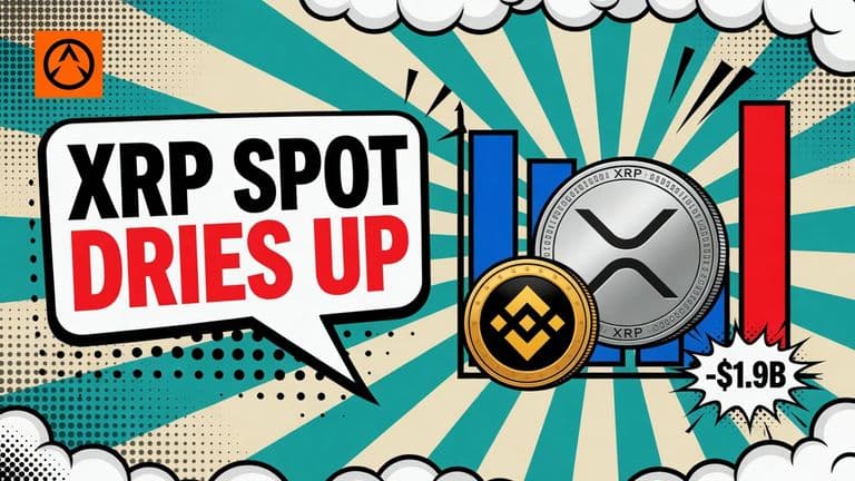 Comic-style XRP and Binance coins beside a falling bar chart and one tall bar, with a speech bubble headline about XRP spot volume drying up.