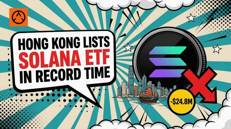 A comic-style Solana coin in front of a small Hong Kong skyline with a red downward arrow marked -$24.8M.