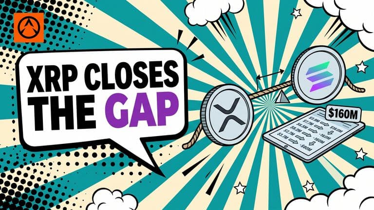 A comic-style illustration of an XRP coin and a Solana coin pulling opposite ends of a rope with a small gap marker between them, beside a screen of fund flow figures and a speech bubble reading XRP CLOSES THE GAP.
