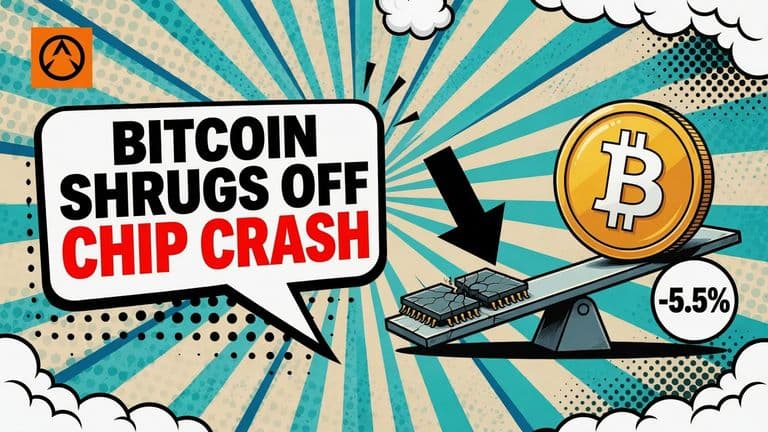 A Bitcoin coin balanced on a seesaw against a cracked computer chip and a red downward arrow.