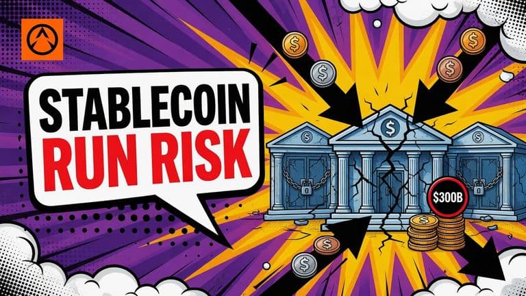 Comic-style dollar coins rushing along arrows toward one cracking bank building while two sister buildings sit empty behind it.