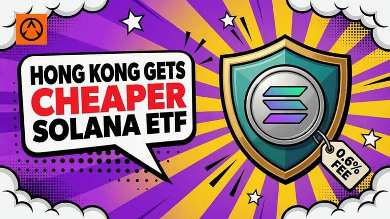 A comic-style Solana coin on a shield-shaped ETF badge with a small fee price tag, beside a speech bubble headline.