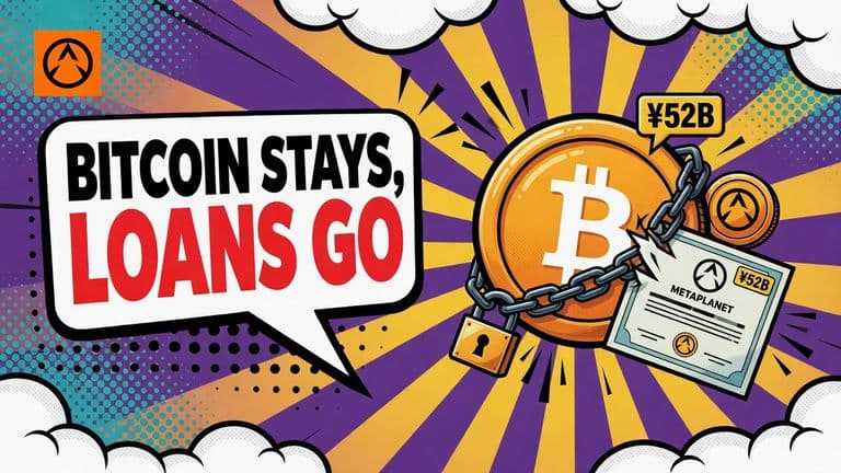 A comic-style Bitcoin coin wrapped in a chain and padlock while a bond certificate bearing Metaplanet's mark cuts the chain open.