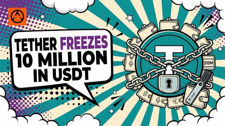 A ring of small wallets surrounds one large USDT coin wrapped in a chain and padlock, with a Ledger device at the ring's lower right and a speech bubble on the left.