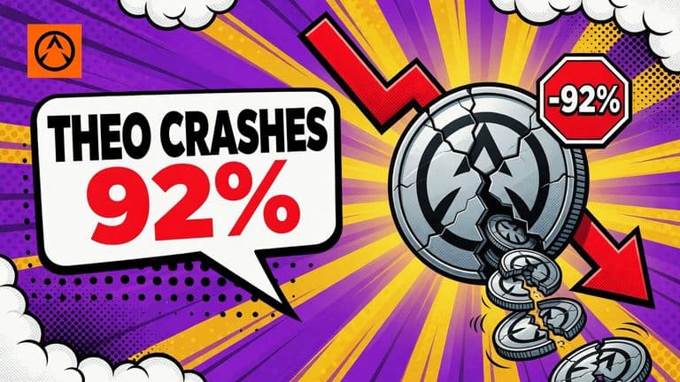 A comic-style cracked coin bearing the Autheo logo spills extra coins beside a plunging red arrow and a stop sign.