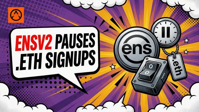 Comic-style illustration of the ENS logo on a round badge beside a power switch, a .eth name tag and a pause clock.