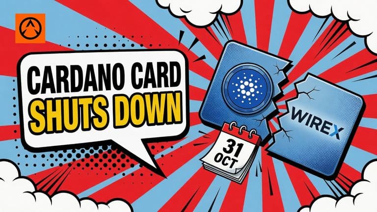 A payment card snapped in two, one half showing the Cardano logo and the other the Wirex logo, with a calendar page reading 31 OCT hanging from the break.