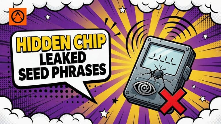 A cartoon hardware wallet cracked open to show a tiny hidden chip with an antenna sending signal waves out into the air.