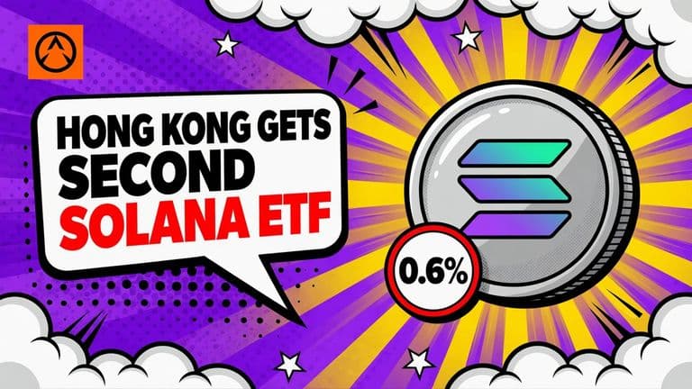 A large comic-style coin carrying the Solana logo with a small 0.6% badge on its edge, against a bright sunburst.