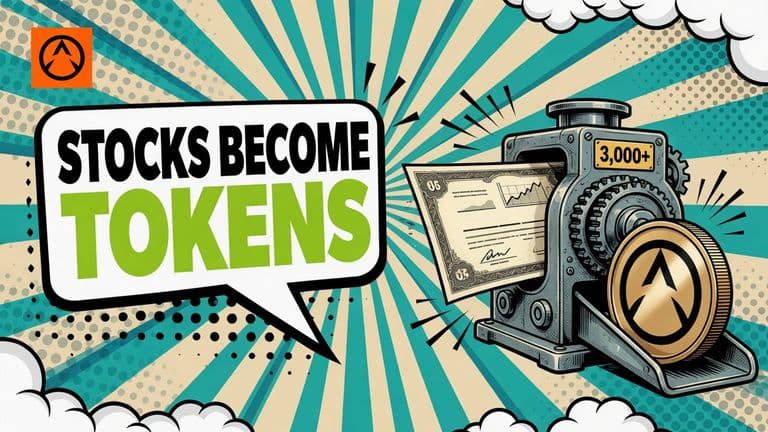 A comic-style stock certificate feeding into a coin press that outputs a token bearing the Bitget logo.