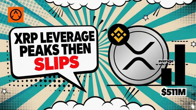 A comic-style XRP coin and Binance badge next to two bars, a tall one with a dashed average line and a shorter one beneath it, with a $511M badge.