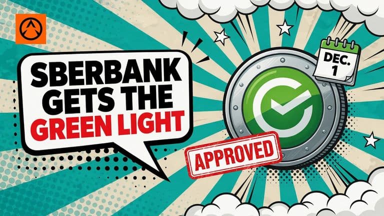 A comic-style coin bearing the Sberbank logo beside a bold approval stamp and a small date badge reading Dec. 1.