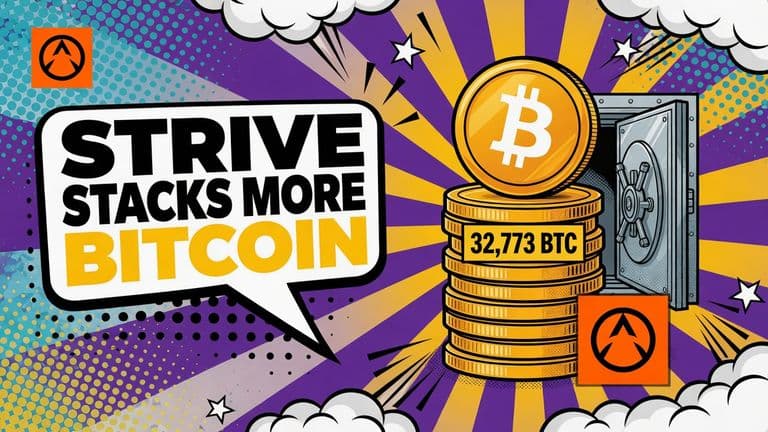 A tall stack of coins topped by a large Bitcoin coin in front of a half-open vault door, with a badge reading 32,773 BTC.
