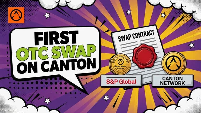 A comic-style illustration of a sealed swap contract with an S&P Dow Jones Indices coin on one corner and a Canton Network coin on the other, with two trading firm nameplates facing each other.