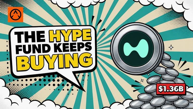 A large coin bearing the Hyperliquid logo with smaller coins flowing toward it beside a speech bubble reading The HYPE Fund Keeps Buying.