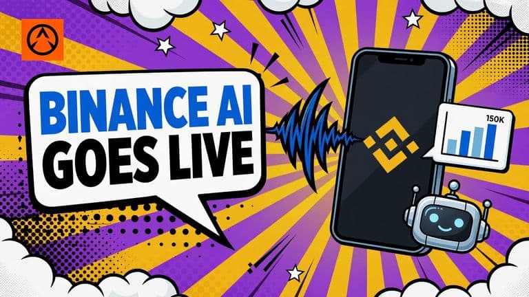 A comic-style smartphone showing the Binance logo, with sound waves and a small market briefing card coming out of the screen beside a friendly robot badge.