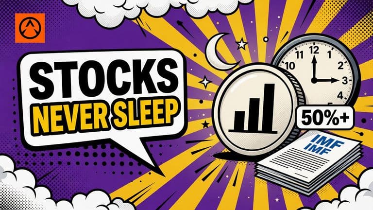 A comic-style stock token coin in front of a crescent moon and a late-night clock, next to report pages marked with the IMF logo.