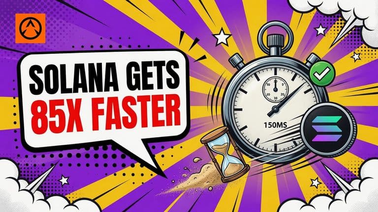 A comic-style stopwatch with a speed burst and a Solana coin zooming past a small hourglass.