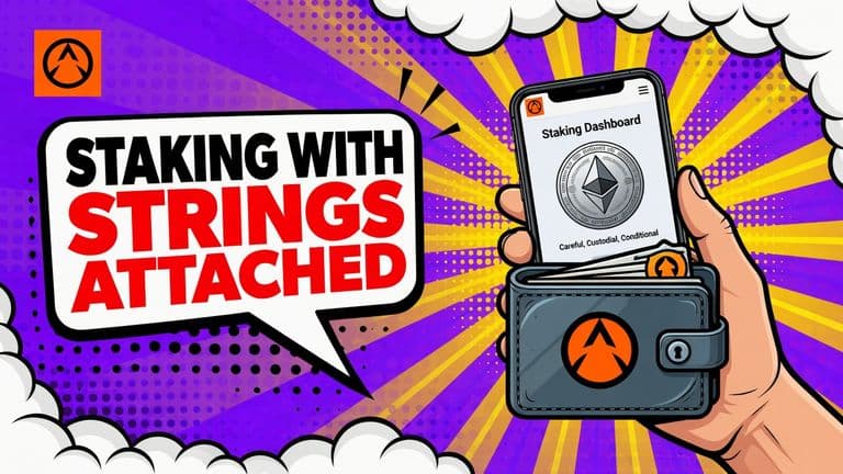 A comic-style hand taps a phone showing an Ethereum staking dashboard, with the coin dropping into one large shared wallet vault marked by the broker and custodian badges.