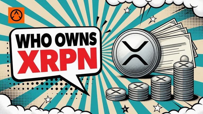 A comic-style illustration of a large XRP coin in front of a fan of share certificates and four ranked stacks of coins, with a speech bubble reading Who Owns XRPN.