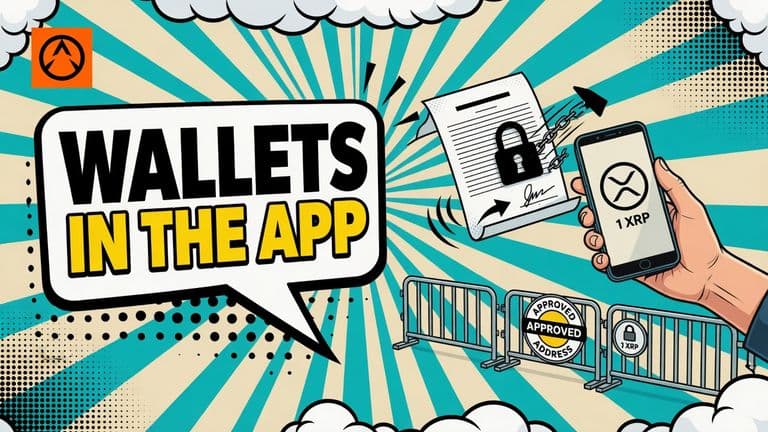 A comic illustration of a phone app holding an XRP Ledger wallet, with a signed transaction held back under a padlock and payment guardrails across the bottom.
